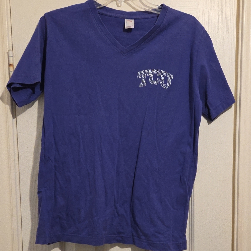 Women's TCU rhinestone V-Neck Short Sleeve Tee - Purple